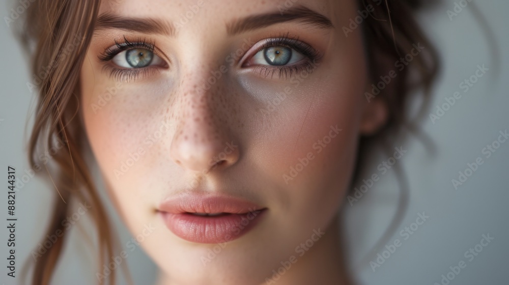 Fototapeta premium Beautiful woman with natural make-up, highlighting her fresh and radiant skin