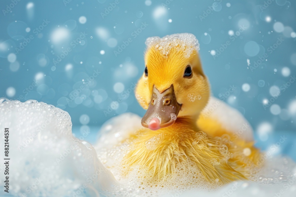 Happy yellow real duck in bath with foam and bubbles blue background Happy yellow real duck in bath with foam and bubbles blue background