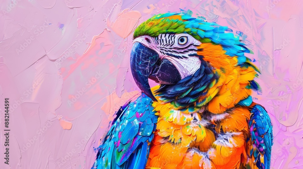 Obraz premium Vibrant and colorful parrot portrait against a pastel pink background, showcasing its beautiful feathers in vivid detail.