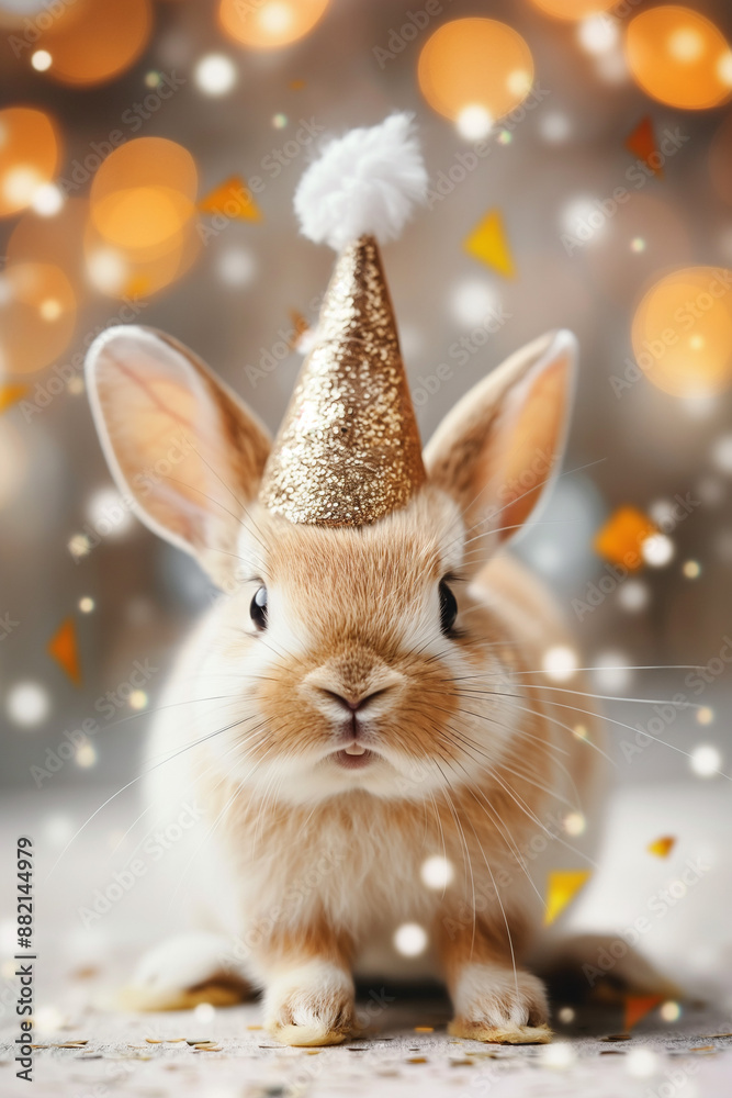 A rabbit wearing a gold hat is standing in a pile of confetti