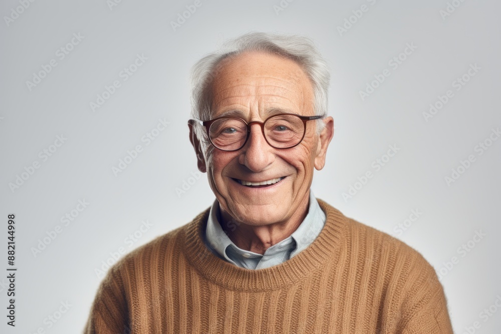 Portrait of a smiling man in his 80s dressed in a warm wool sweater while standing against plain white digital canvas Portrait of a smiling man in his 80s dressed in a warm wool sweater while standing against plain white digital canvas