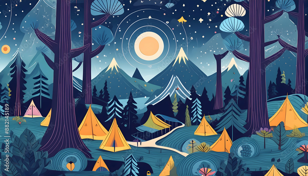 Obraz premium Abstract trendy Cute seamless pattern, natural landscapes in the night forest on digital art concept.
