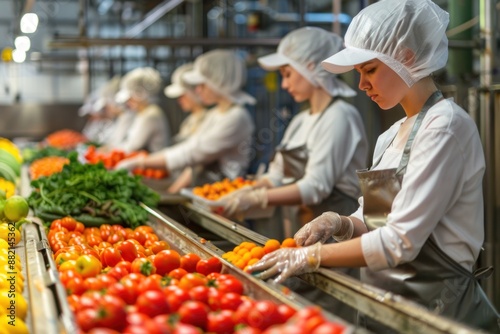 Fototapeta Naklejka Na Ścianę i Meble -  Industrial workers in a food processing plant sorting and packaging fruits and vegetables