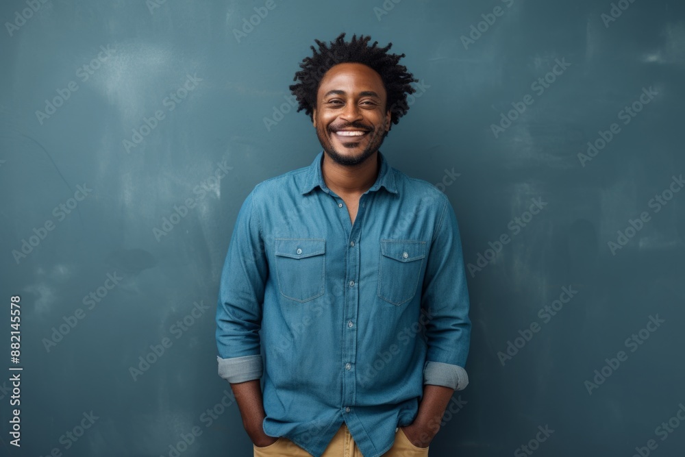 Portrait of a grinning afro-american man in his 30s sporting a versatile denim shirt while standing against bare monochromatic room Portrait of a grinning afro-american man in his 30s sporting a versatile denim shirt while standing against bare monochromatic room