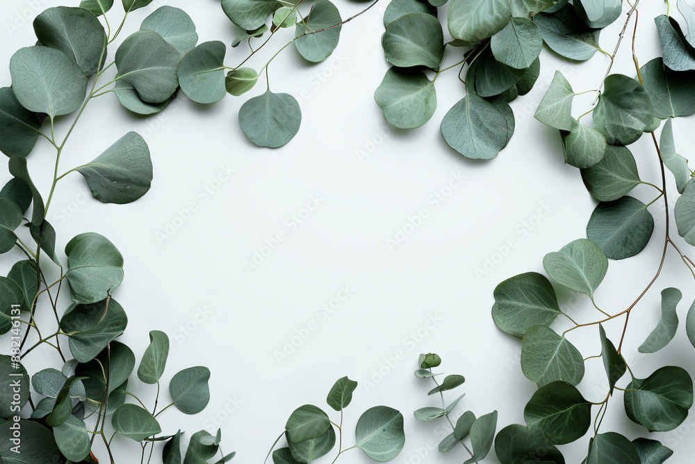 Eucalyptus leaves frame a white background with copy space for text in a banner template. A close up flat lay style shot features pastel green colored leaves. An abstract natural concept is presented Eucalyptus leaves frame a white background with copy space for text in a banner template. A close up flat lay style shot features pastel green colored leaves. An abstract natural concept is presented