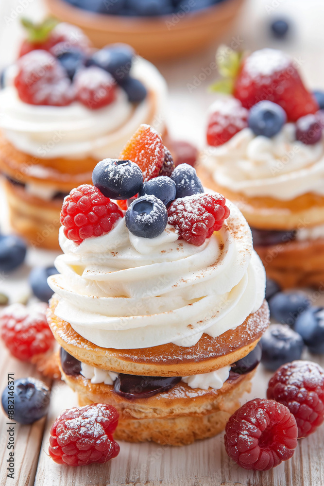 Three cupcakes with whipped cream and berries on top Three cupcakes with whipped cream and berries on top
