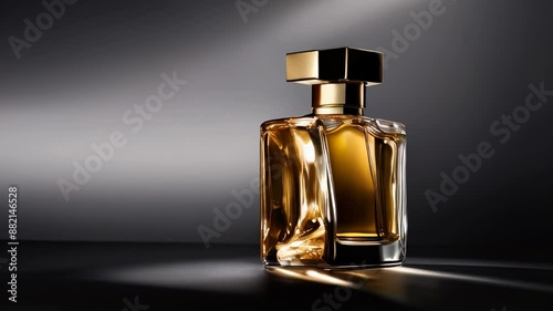 Sophisticated and elegant luxury perfume bottle with golden liquid, displayed against sleek dark background. The bottle's refined design, the lighting emphasize its high-end appeal, exclusivity