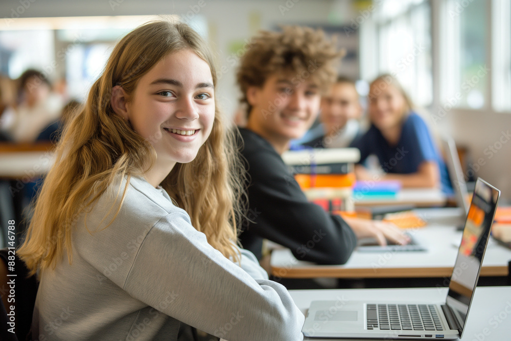 Smiling students using laptops in a classroom Smiling students using laptops in a classroom