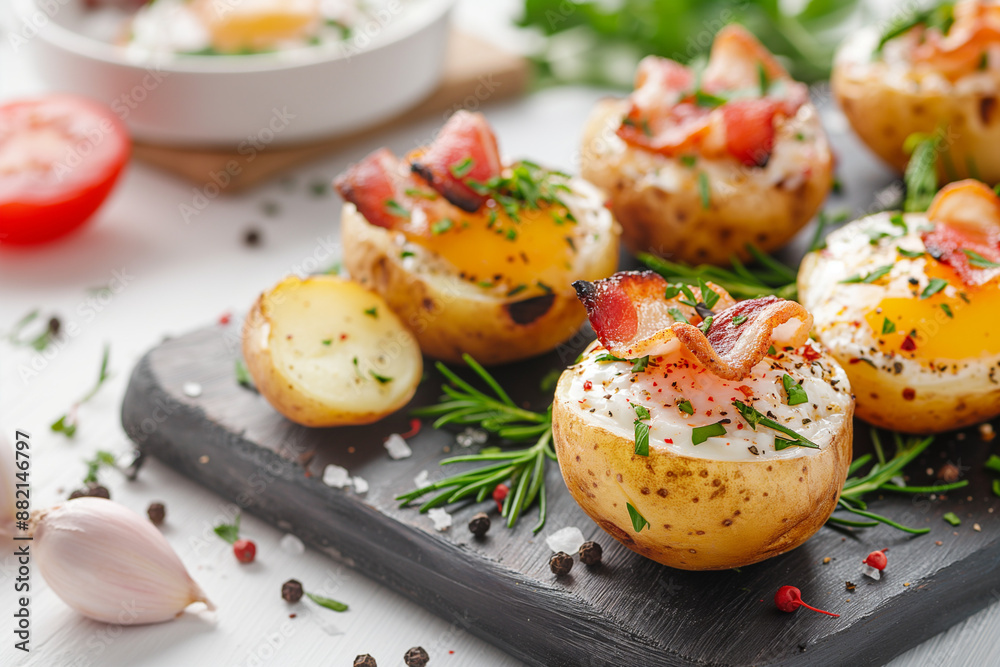A plate of bacon and egg potatoes with parsley and pepper A plate of bacon and egg potatoes with parsley and pepper