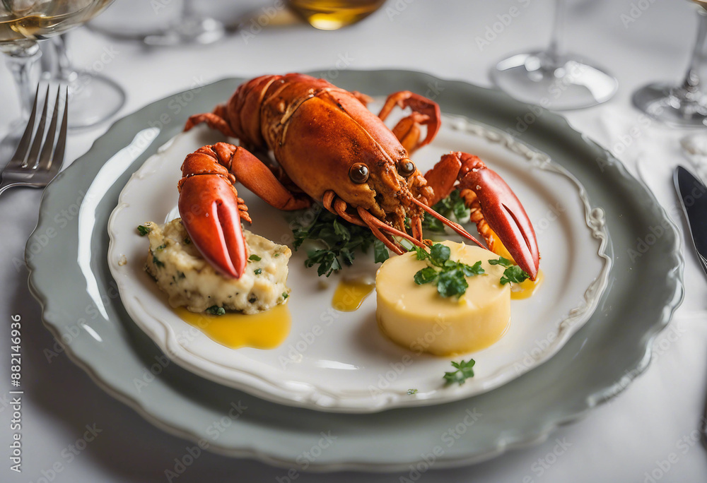 Lobster thermidor with cognac and gruyère on a fine china plate with a glass of Chardonnay in an upscale French brasserie
Lobster thermidor with cognac and gruyère on a fine china plate with a glass of Chardonnay in an upscale French brasserie