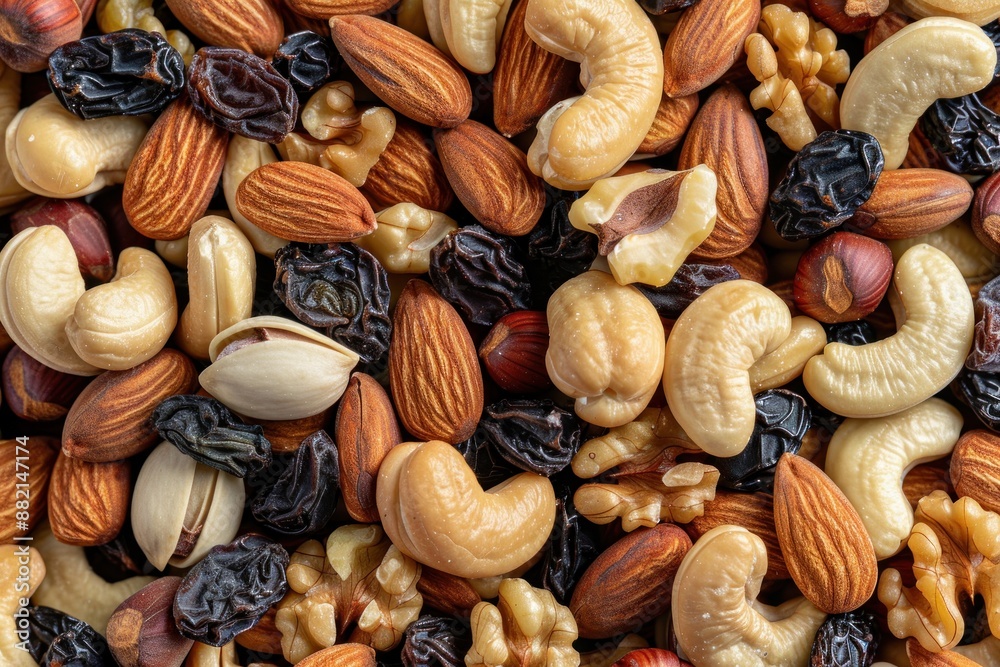 Mix of various nuts and raisins.Top view. close up Mix of various nuts and raisins.Top view. close up