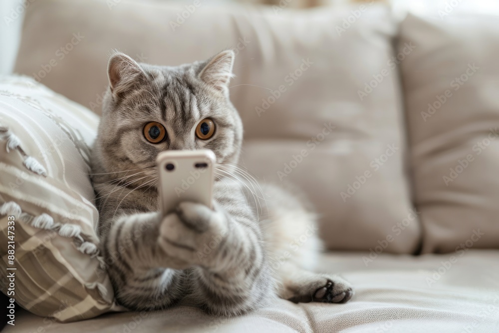 Modern cat playing holding smartphone sitting on a sofa at home, Funny animals Modern cat playing holding smartphone sitting on a sofa at home, Funny animals