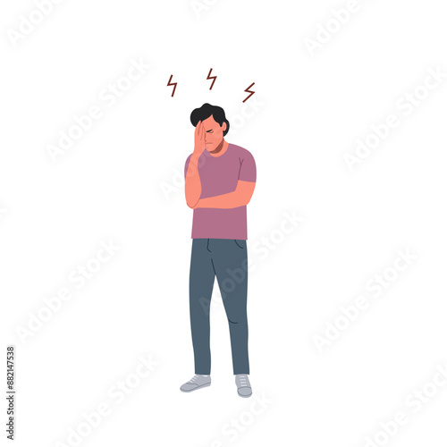 Puzzled man holds his hand over his face, thinking. Flat style cartoon vector illustration.