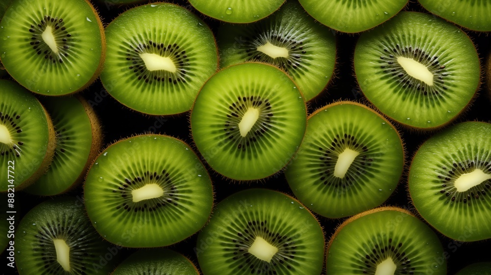 Multiple kiwi slices arranged in a pattern. The vibrant green flesh and tiny black seeds are clearly visible, creating a visually appealing and fresh look background. Multiple kiwi slices arranged in a pattern. The vibrant green flesh and tiny black seeds are clearly visible, creating a visually appealing and fresh look background.