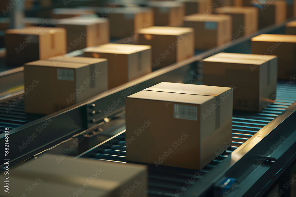 Cardboard boxes on conveyor belt in a distribution warehouse. Cardboard boxes on conveyor belt in a distribution warehouse.
