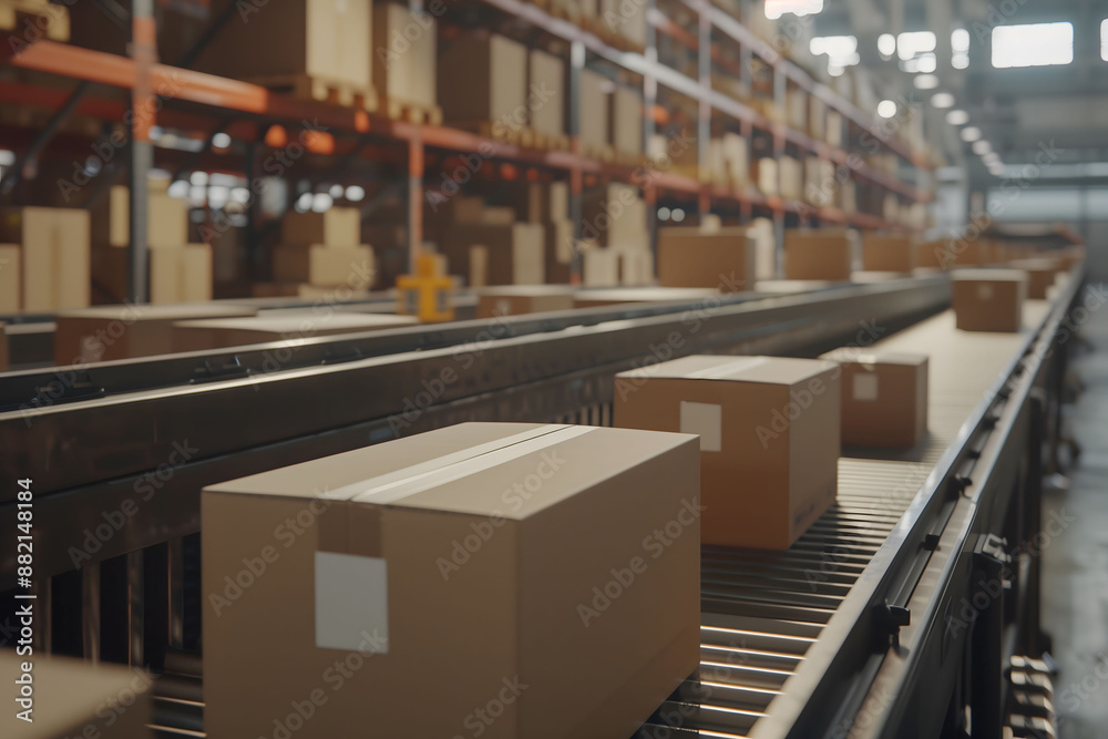 Cardboard boxes on conveyor belt in a distribution warehouse. Cardboard boxes on conveyor belt in a distribution warehouse.