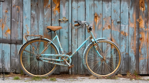 Vintage bicycle leaning against a rustic wooden fence, nostalgic and charming