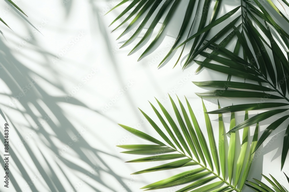 Palm leaves and shadow on white wall background. Summer, nature and tropical concept. Copy space Palm leaves and shadow on white wall background. Summer, nature and tropical concept. Copy space