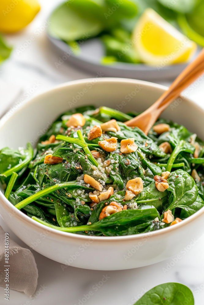 A bowl of spinach salad with nuts and a spoon A bowl of spinach salad with nuts and a spoon