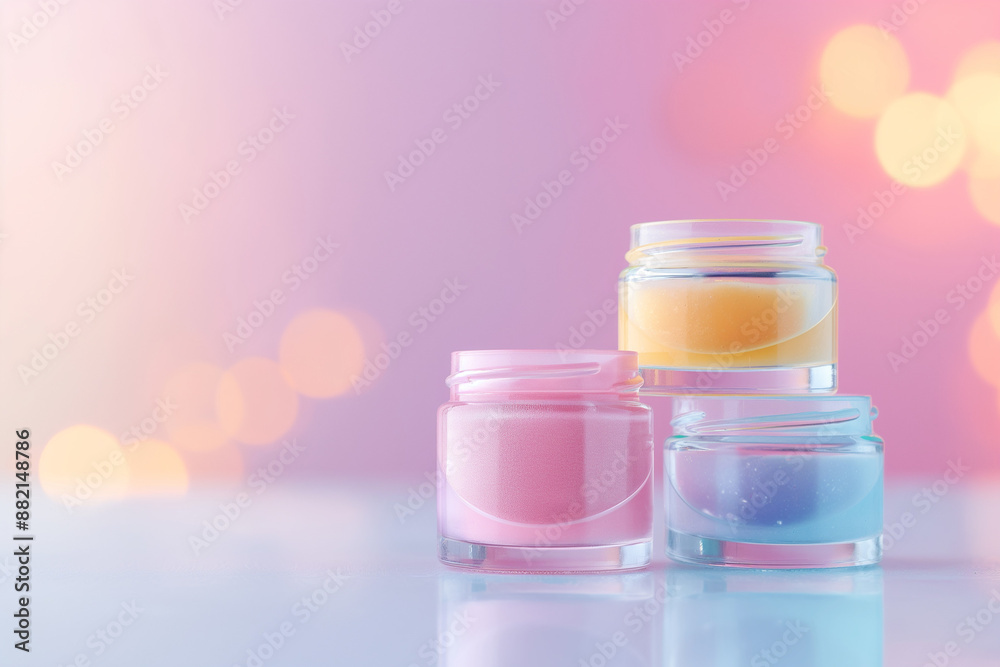 Three small jars of different colored lotions are displayed on a table Three small jars of different colored lotions are displayed on a table