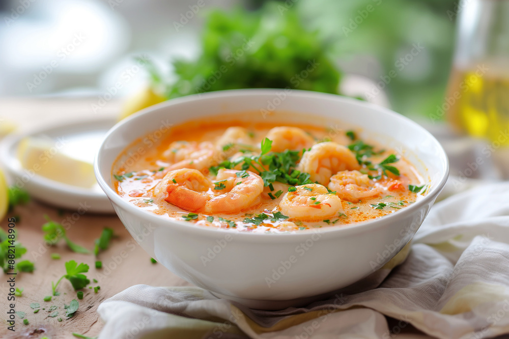 A bowl of shrimp soup with parsley and lemon slices on the table