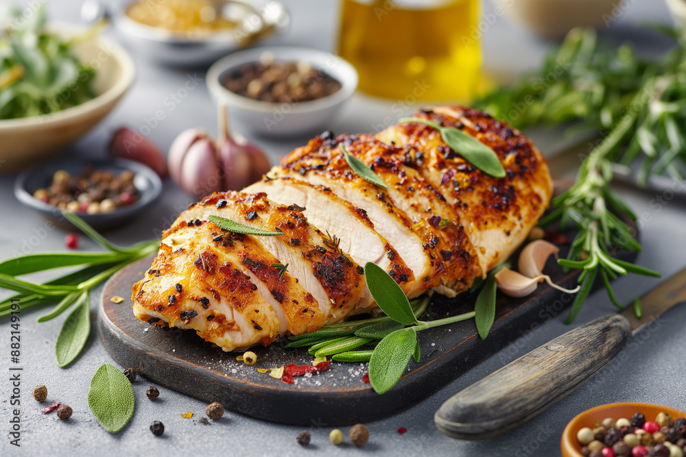 A piece of chicken is sitting on a wooden cutting board with a variety of spices A piece of chicken is sitting on a wooden cutting board with a variety of spices