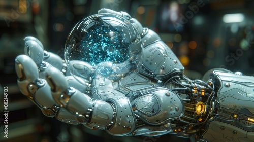 Hyper-Realistic Sci-Fi Fantasy Cybernetic Hand Emitting Psionic Energy Sphere, Demonstrating Advanced Futuristic Technology and Psionic Powers in a Chaotic Atmosphere photo