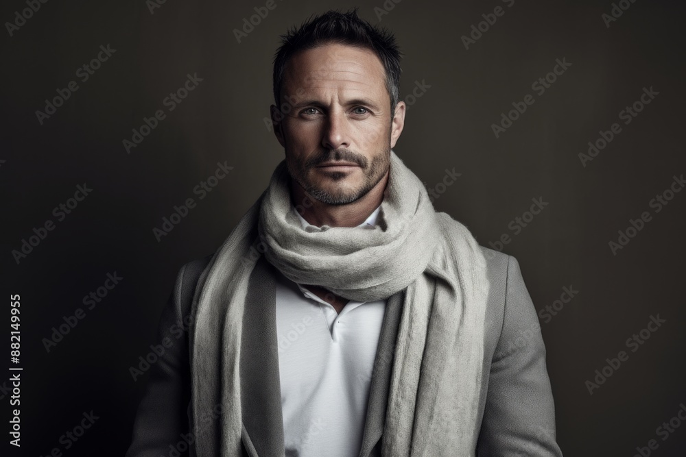 Obraz premium Portrait of a tender man in his 40s wearing a chic cardigan over bare monochromatic room