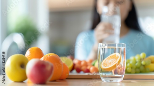 A healthy lifestyle with fresh fruits and a glass of water. A person in the background enjoys a refreshing drink.