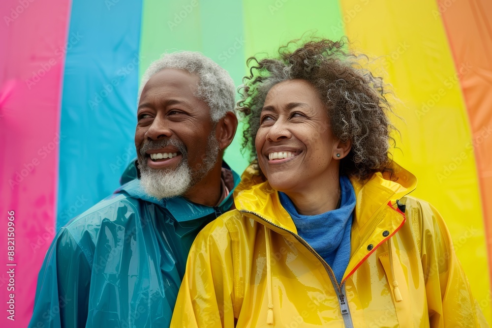 Portrait of a happy multicultural couple in their 50s wearing a vibrant raincoat while standing against soft multicolor background Portrait of a happy multicultural couple in their 50s wearing a vibrant raincoat while standing against soft multicolor background