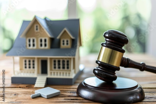 Real estate auction. Gavel with a model house depicting legal issues