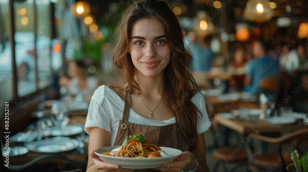 Waitress serving delicious food to customer's table in a cozy restaurant, hospitality and dining concept Waitress serving delicious food to customer's table in a cozy restaurant, hospitality and dining concept