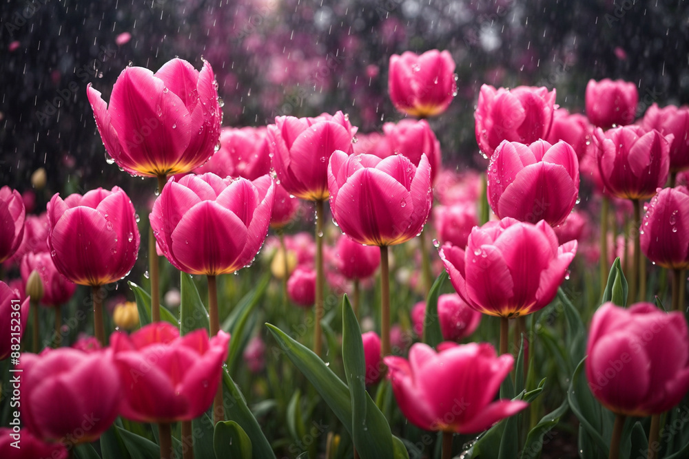 Fototapeta premium Vibrant Pink tulip garden, with each flower appearing to dance in the rain, their petals adorned with glittering water droplets. Generative ai