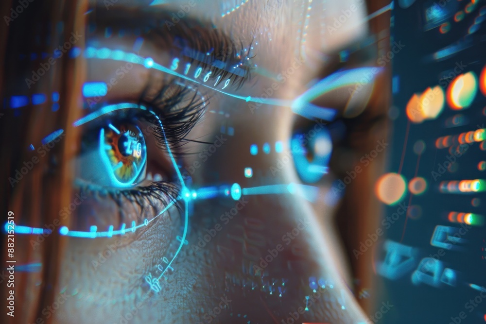 Security access close up woman eye viewing digital information ...