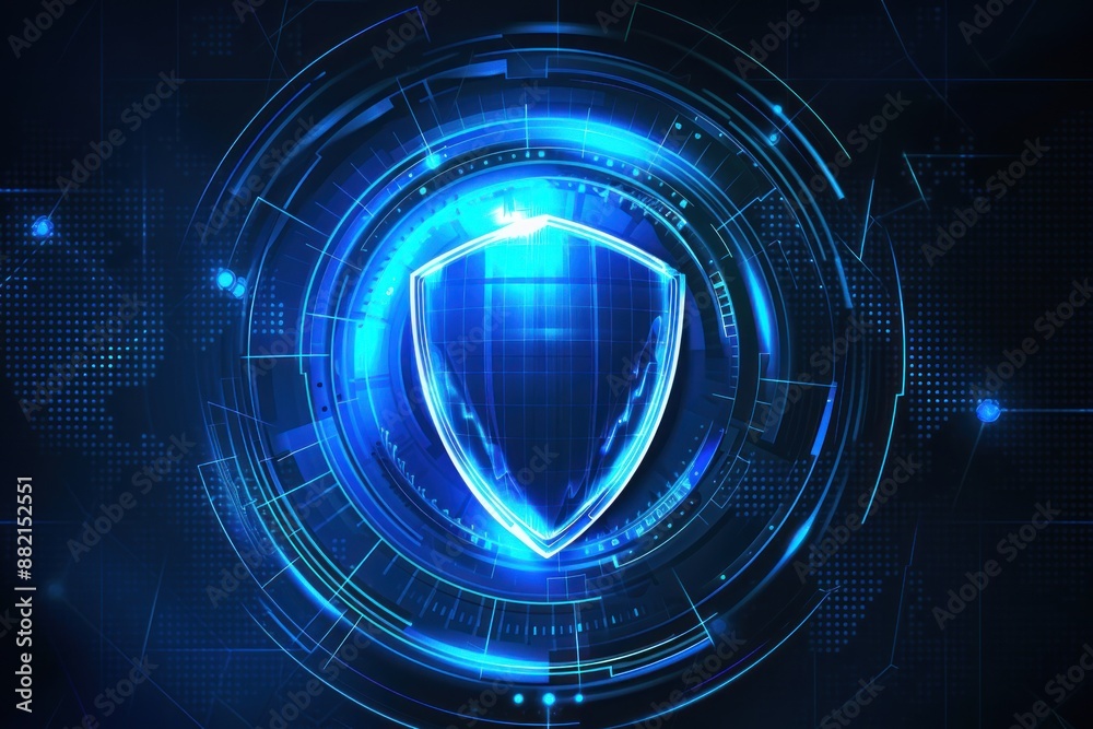Fototapeta premium Shield With Circle. Abstract Blue Business Icon with Futuristic Technology Background