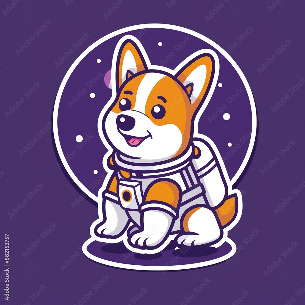A little astronaut dog corgi, space logo. Funny cartoon character, logotype, badge, sticker, emblem on purple background isolated. A little astronaut dog corgi, space logo. Funny cartoon character, logotype, badge, sticker, emblem on purple background isolated.