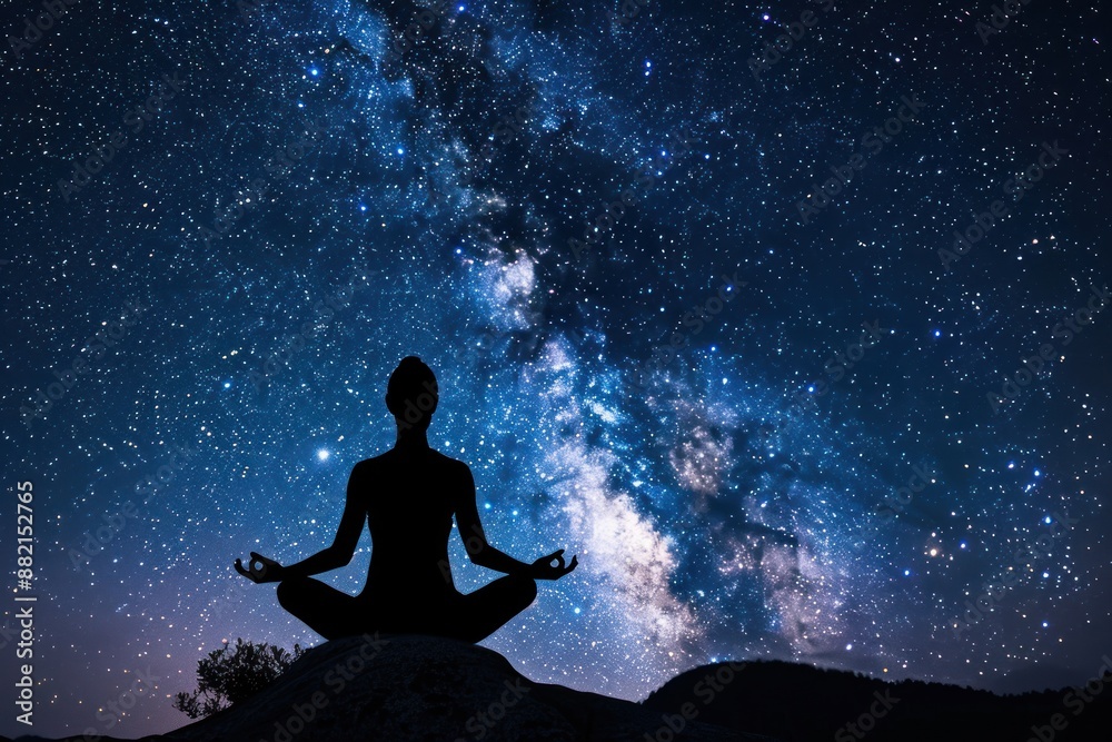 Silhouette of a person meditating against a backdrop of a star-filled night sky Silhouette of a person meditating against a backdrop of a star-filled night sky