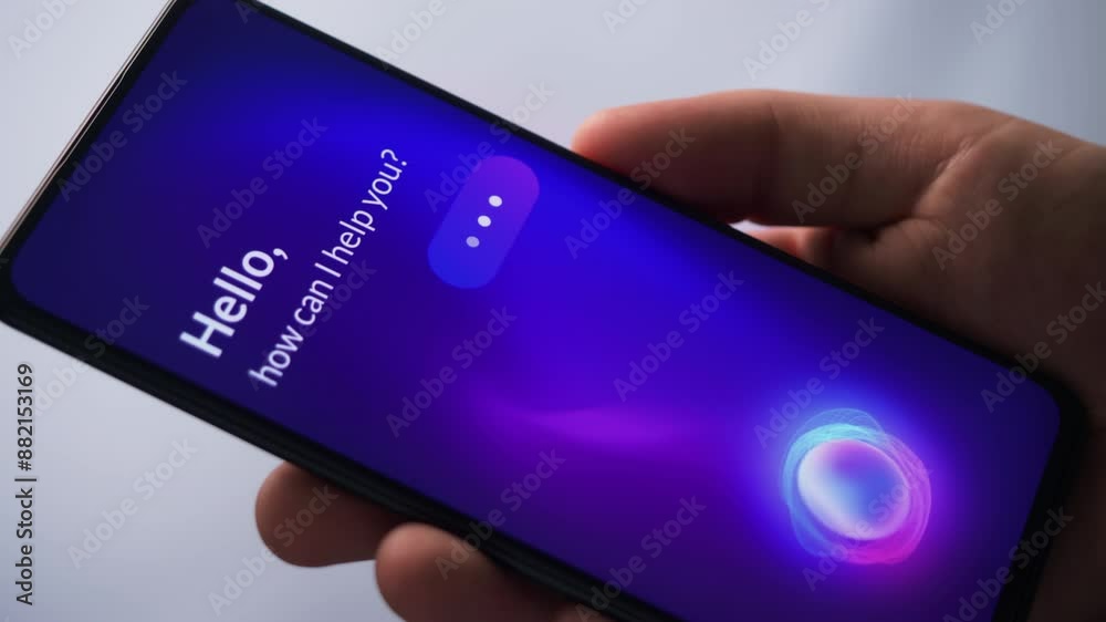 Smart virtual assistant on smartphone. AI voice assistant app for mobile phone. Fictional Interface.