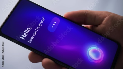 Smart virtual assistant on smartphone. AI voice assistant app for mobile phone. Fictional Interface.