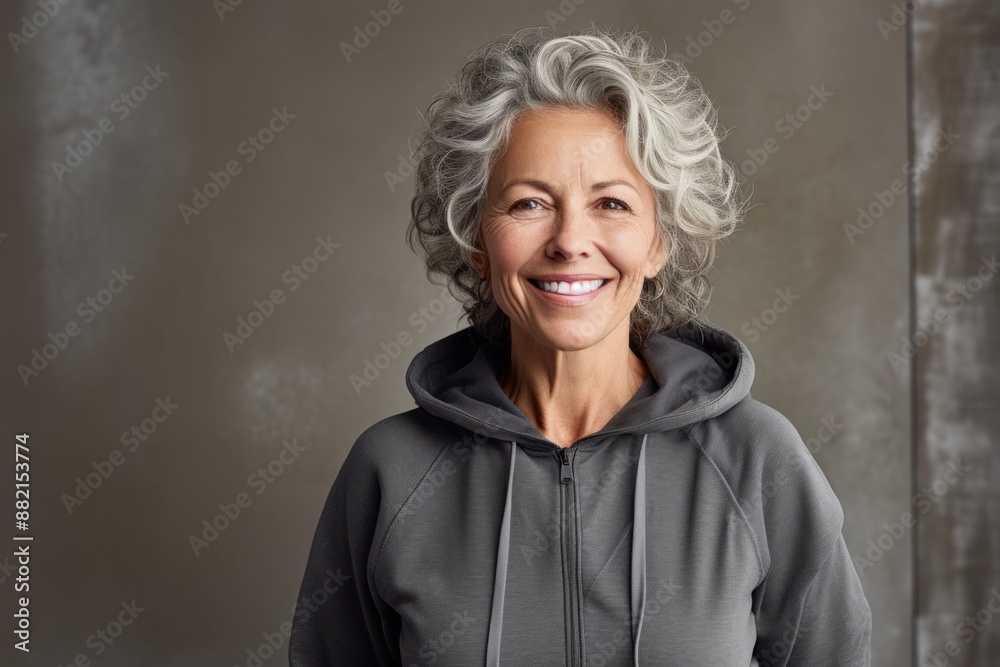 Portrait of a grinning woman in her 60s wearing a zip-up fleece hoodie over bare monochromatic room Portrait of a grinning woman in her 60s wearing a zip-up fleece hoodie over bare monochromatic room