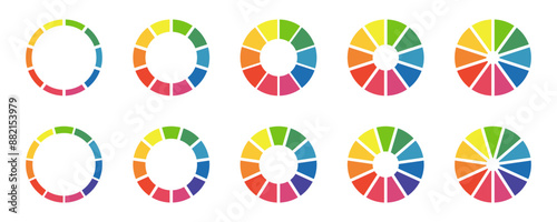 Donut color charts, pies segmented on 10, 11 equal parts. Diagrams infographic multicolored set. Wheels divided in ten, eleven sections. Circle section graph. Pie, pizza chart round icon. Loading bar.