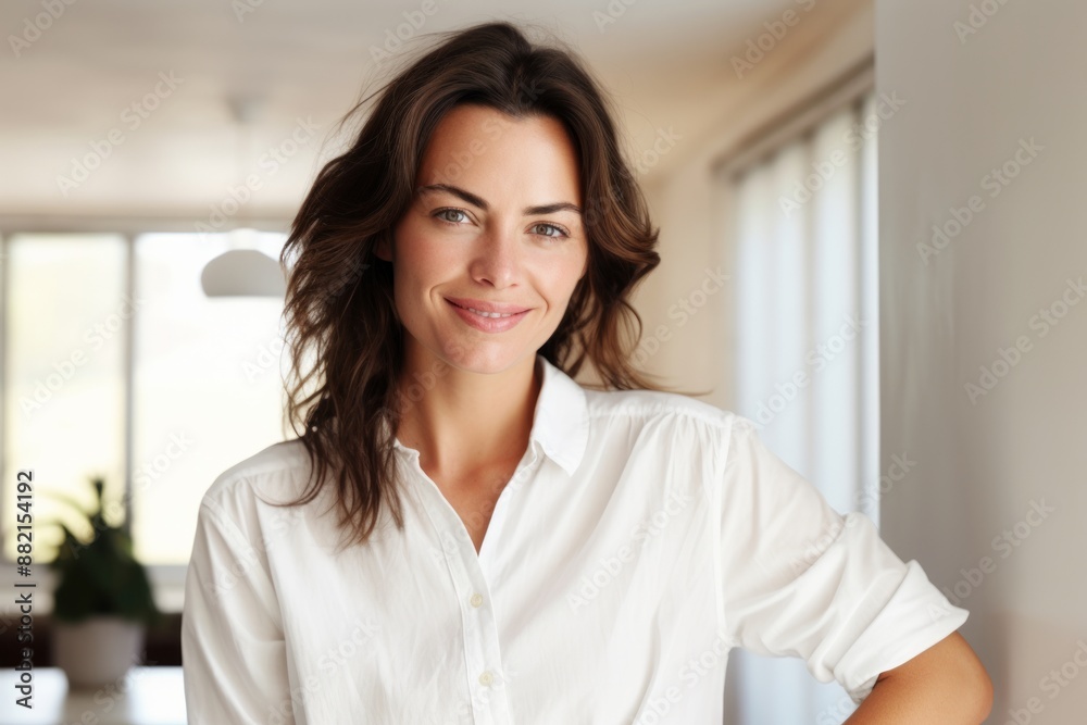 Portrait of a blissful woman in her 30s wearing a classic white shirt isolated in stylized simple home office background Portrait of a blissful woman in her 30s wearing a classic white shirt isolated in stylized simple home office background