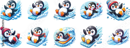 Penguin Sliding on Ice vector illustration isolated on white background, bright colorful , cartoon style
