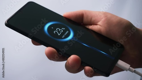 Charging phone really fast, using special turbo charge technology. Quick speed charging of a mobile phone. Fictional Interface.