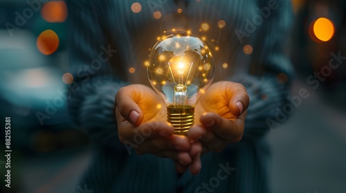 Glowing light bulb in hands,symbolizing ideas,innovation and creative © pkproject