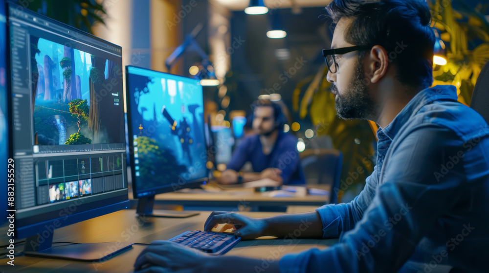 indian game designer using a computer to design a new game