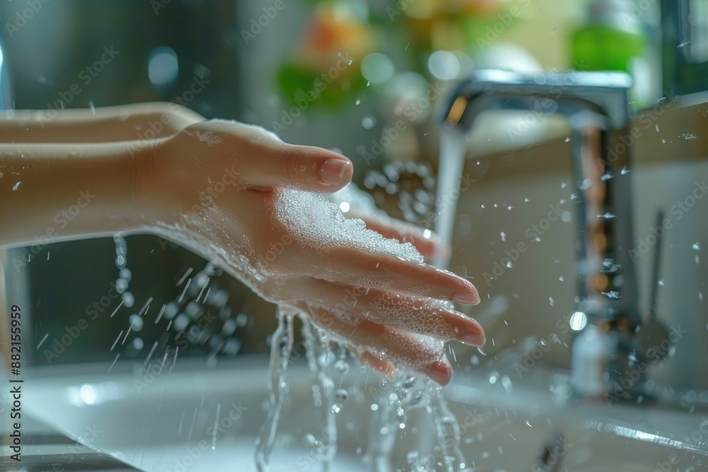 Woman washing hands under water tap, Liquid antibacterial soap and foam, Close up of female hand Woman washing hands under water tap, Liquid antibacterial soap and foam, Close up of female hand
