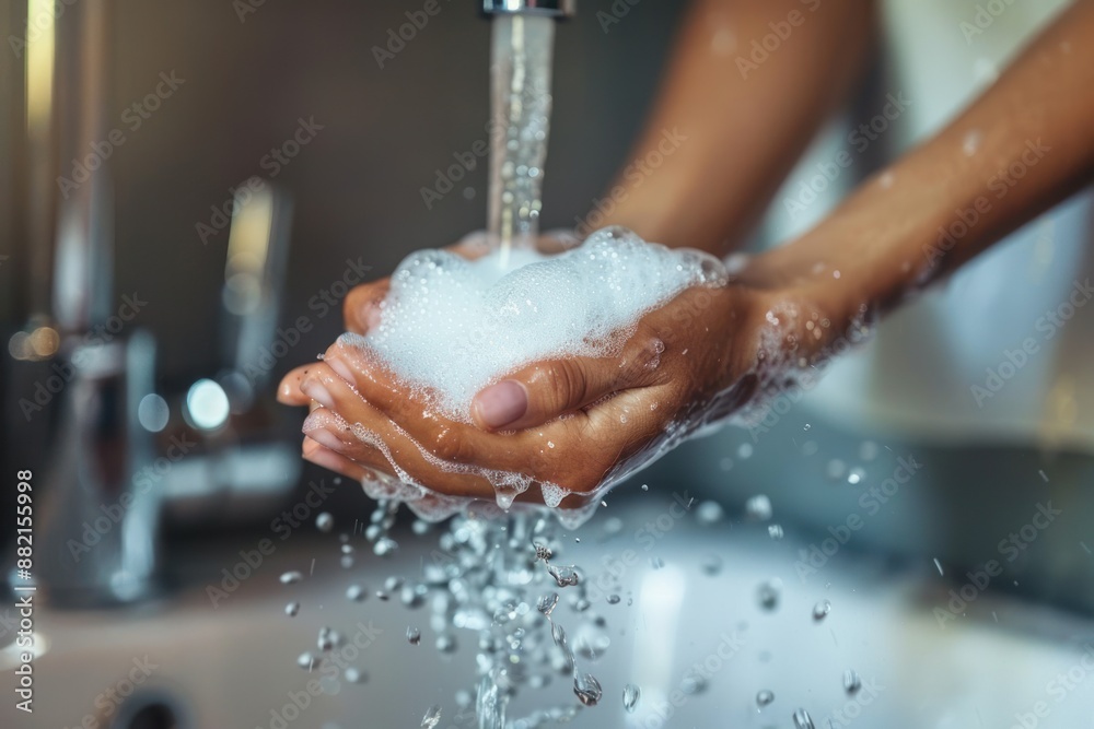 Fototapeta premium Woman washing hands under water tap, Liquid antibacterial soap and foam, Close up of female hand