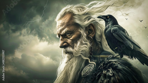 Odin, the norse god of wisdom and war, with a crow photo