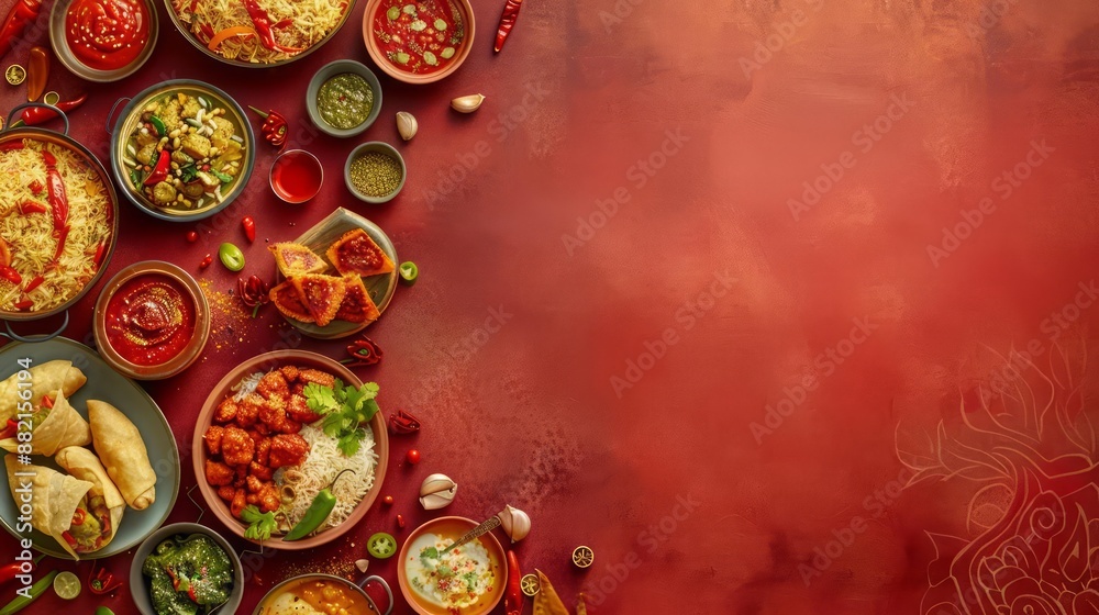 Creative food flat lay banner, featuring a vibrant spread of Indian dishes like biryani, samosas, and butter chicken, with solid background and copy space on center for advertise Creative food flat lay banner, featuring a vibrant spread of Indian dishes like biryani, samosas, and butter chicken, with solid background and copy space on center for advertise